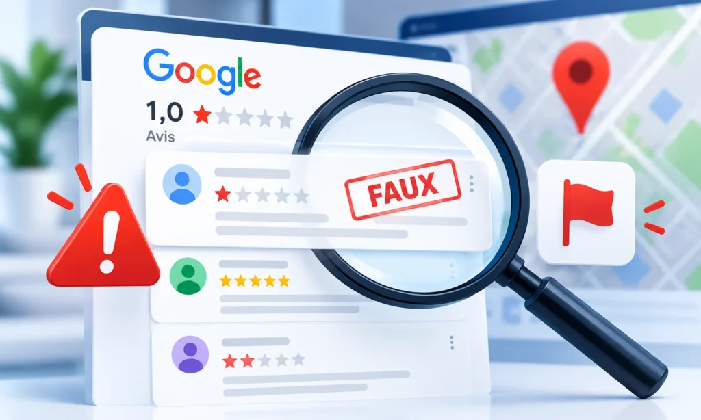 Illustration de faux avis Google examinés à la loupe et signalés