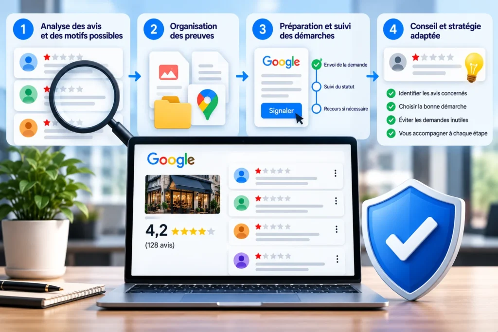 Étapes d’un service spécialisé dans la suppression d’avis Google : analyse, preuves et suivi