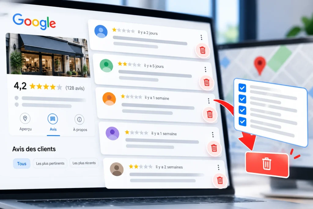 Suppression de plusieurs avis Google : interface de gestion des avis sur un ordinateur